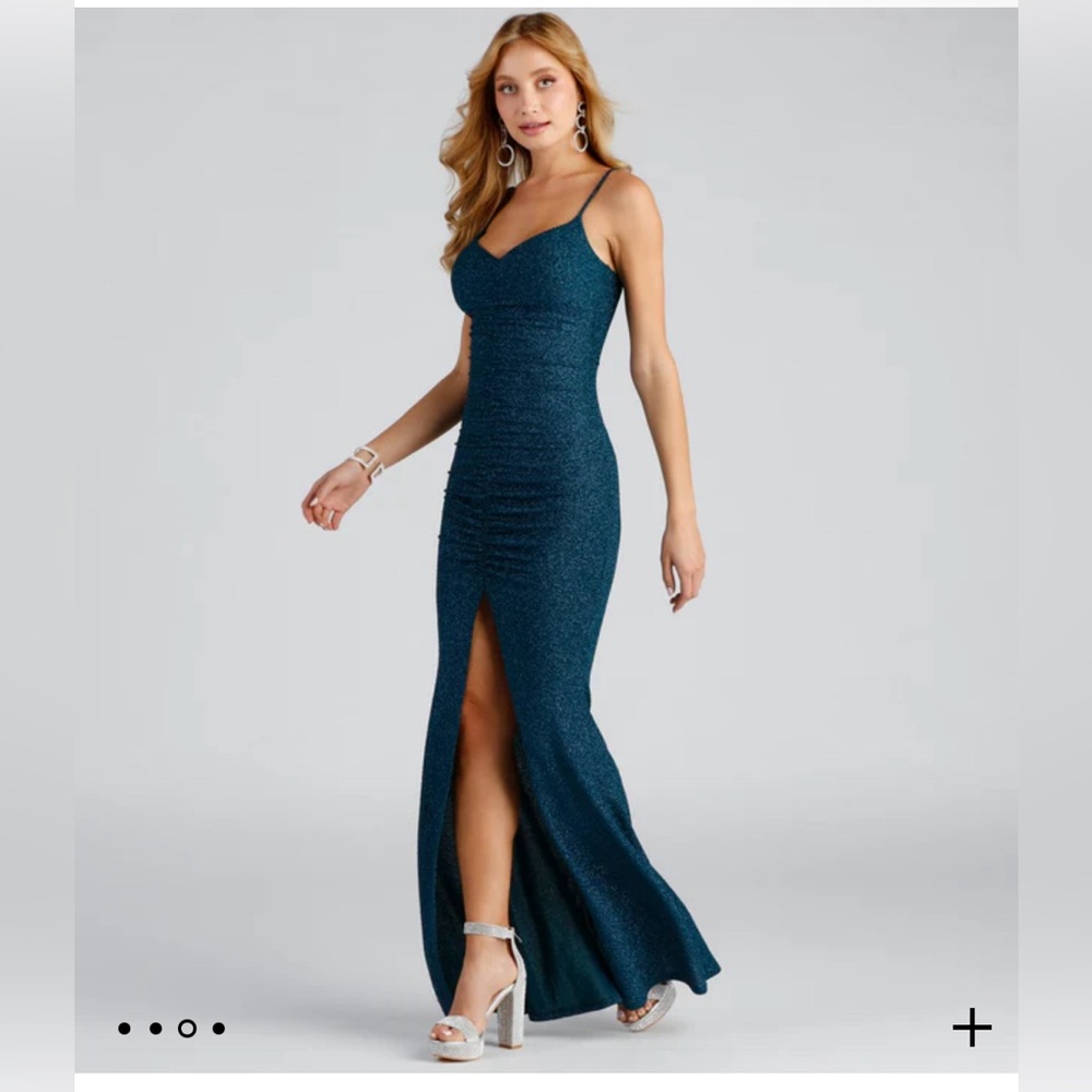 Stacy Windsor glitter front slit floor length dress